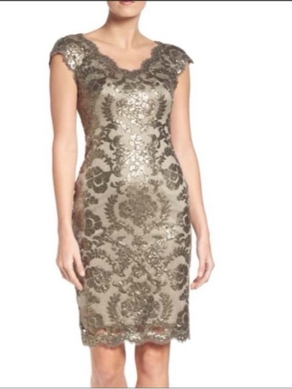 Tadashi Shoji Paillette Embroidered Lace V-Neck Cap Sleeve Dress Rose Gold 4